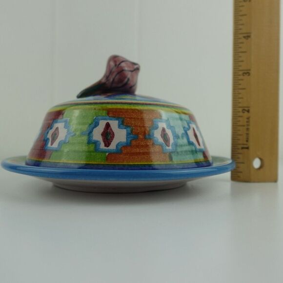 Mexican Colorful Pottery Art Covered Butter Cheese Dish Signed By The Artist - Picture 11 of 12